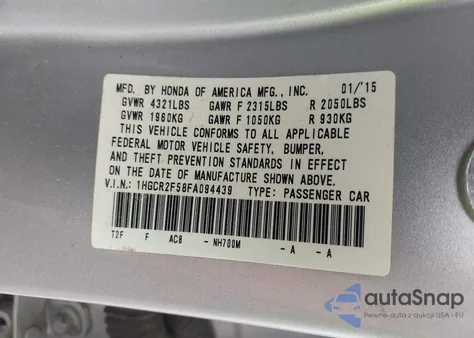 2015 Honda Accord Sport from USA, damaged, VIN 1HGCR2F58FA094439